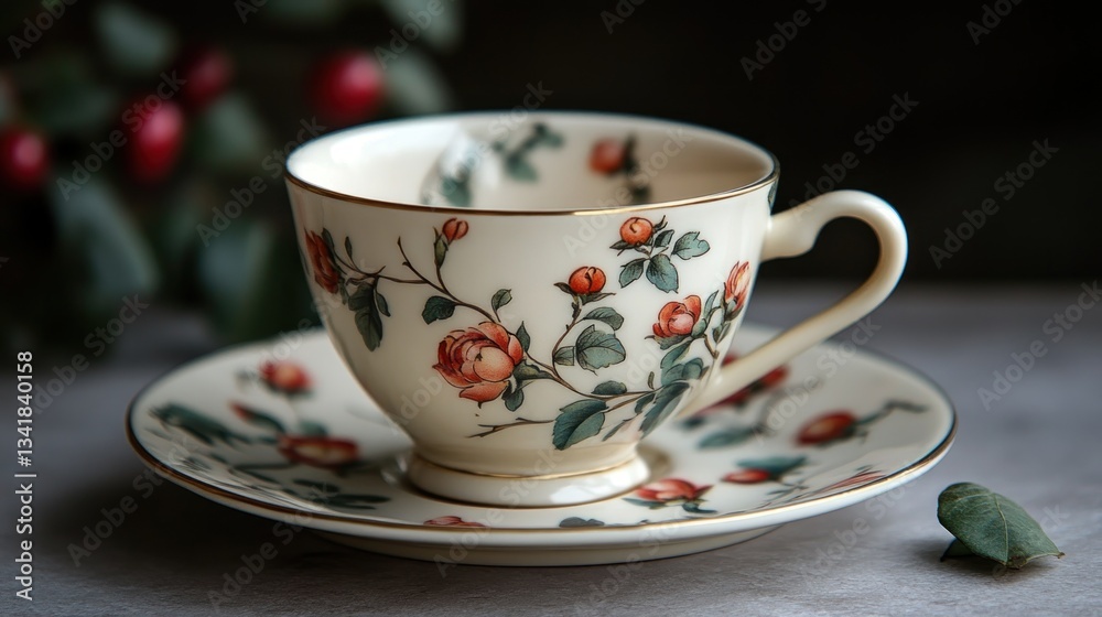 Elegant teacup and saucer with floral design on a table. Elegant teacup and saucer with floral design on a table.