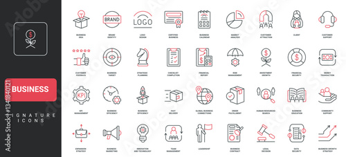 Business, corporate company marketing and market analysis, team organization line icon set. Brand identity, product and client support, leadership thin black and red outline symbol vector illustration