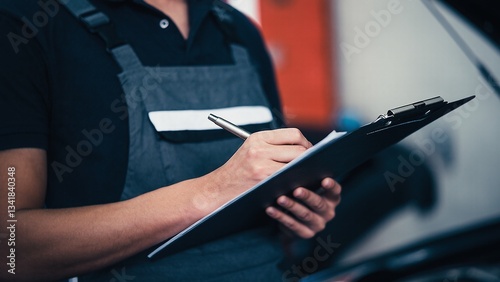 Wallpaper Mural Mechanic in grey overalls writes vehicle maintenance checklist with pen on clipboard, car repair inspection. Torontodigital.ca