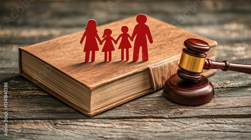Family law concept with divorce, lawyer, mediation, meeting, attorney, couple, children, property, and family symbols on wooden table