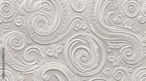Ornate, embossed, light gray, paisley pattern