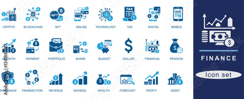 finance Icon set .investment, growth, profit, market, share, revenue, budget, savings, asset, risk, security, analysis, forecast