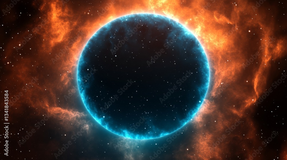 Obraz premium Cosmic Nebula Circular Energy Field, Blue and Orange Hues, Digital Art, Space, Galaxy Space, Nebula