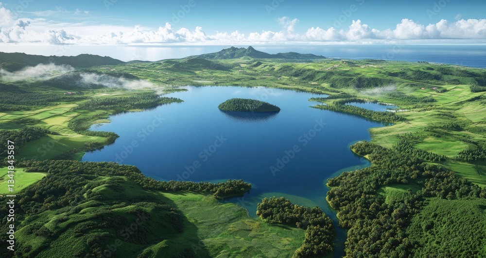Panoramic aerial view of the Azores, with blue lakes and green fields. The landscape includes rolling hills and tropical forests. In one part, there is an island with three lakes side by side
