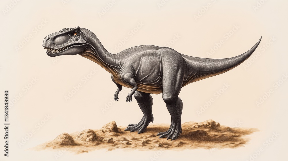 Obraz premium Carcharodontosaurus Pen and Ink Dinosaur Illustration, Prehistoric Beast, Cretaceous Period, Paleontology Dinosaur Illustration, Carcharodontosaurus