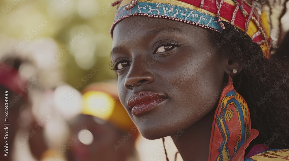 Obraz premium Portrait of a Young African Woman in Colorful Traditional Attire During a Vibrant Festival Celebration
