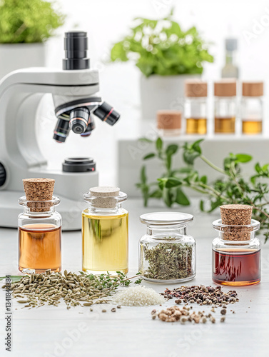Four Small Glass Jars Of Medicinal Herbs And Oils Arranged On White Laboratory Table With Microscope And Research Equipment
