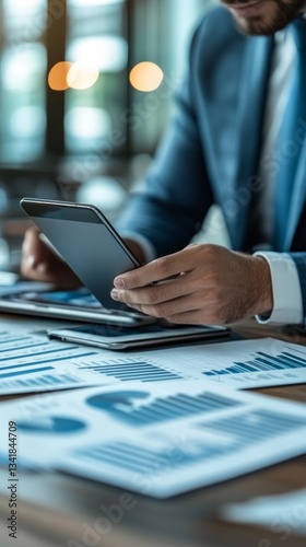 The image of a business man in a suit studying charts on a tablet is useful for business presentations, financial reports and advertising corporate services.