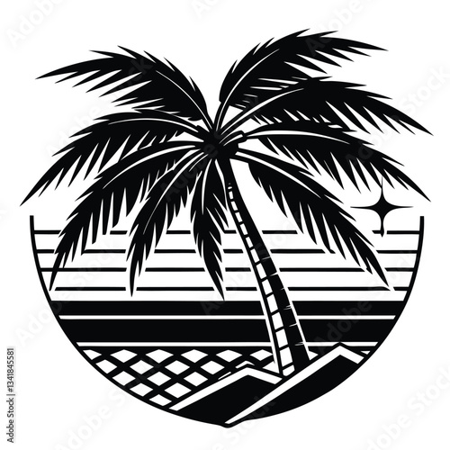 vector Hawaiian sunset with palm trees Silhouettes of palm trees and pink sun vector tropical landscape  Isolated coconut palm tree sun and wave on white background