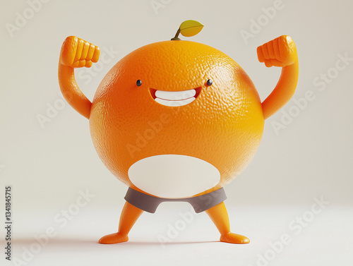 Playful cartoon orange character flexing muscles studio environment 3d animation fun concept for kids photo