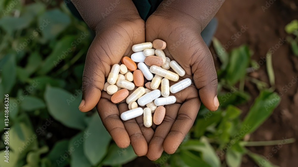 Hands holding a collection of various capsules and tablets among green plants in a natural setting Hands holding a collection of various capsules and tablets among green plants in a natural setting