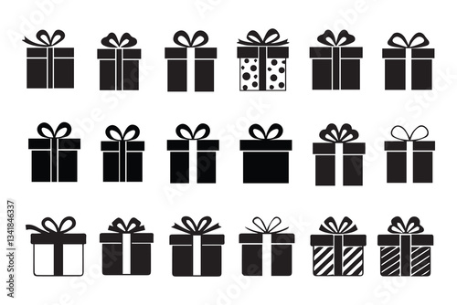 Gift box flat icon set. Surprise gift boxes collection