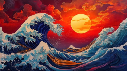 Fiery ocean waves crashing under a vibrant sunset