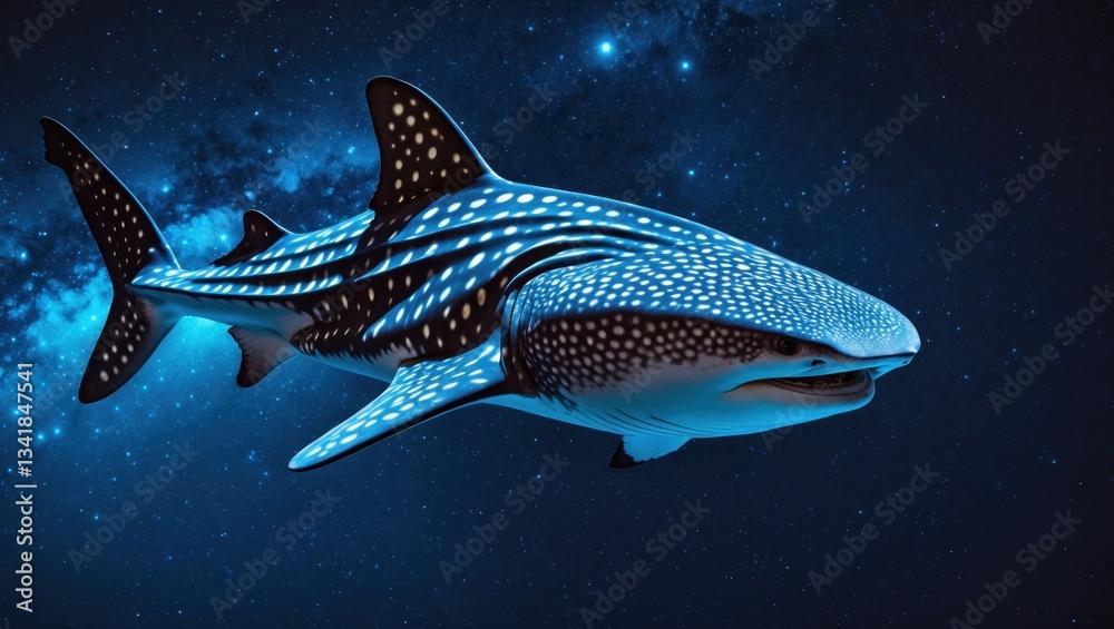 A majestic whale shark gracefully swimming through a starry cosmic backdrop, illuminated by ethereal blue light