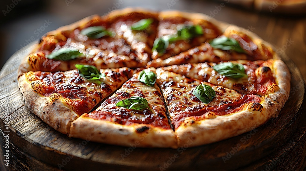Delicious pizza slices on rustic wood platter Delicious pizza slices on rustic wood platter