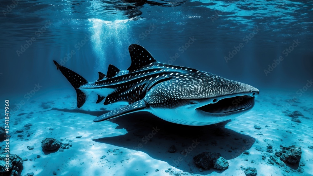 Fototapeta premium A majestic whale shark gliding gracefully through crystal clear blue waters, surrounded by a serene underwater landscape