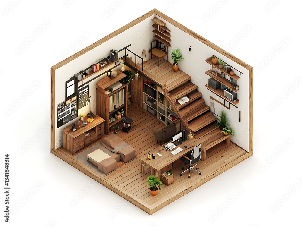 Cozy Isometric Home Office: A meticulously designed isometric view of a comfortable and functional home office with a loft, filled with bookshelves and a desk setup. Cozy Isometric Home Office: A meticulously designed isometric view of a comfortable and functional home office with a loft, filled with bookshelves and a desk setup.