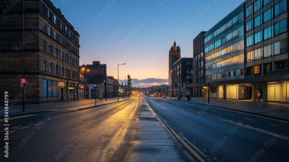 Fototapeta premium Empty city street at dawn, buildings on both sides, soft light.