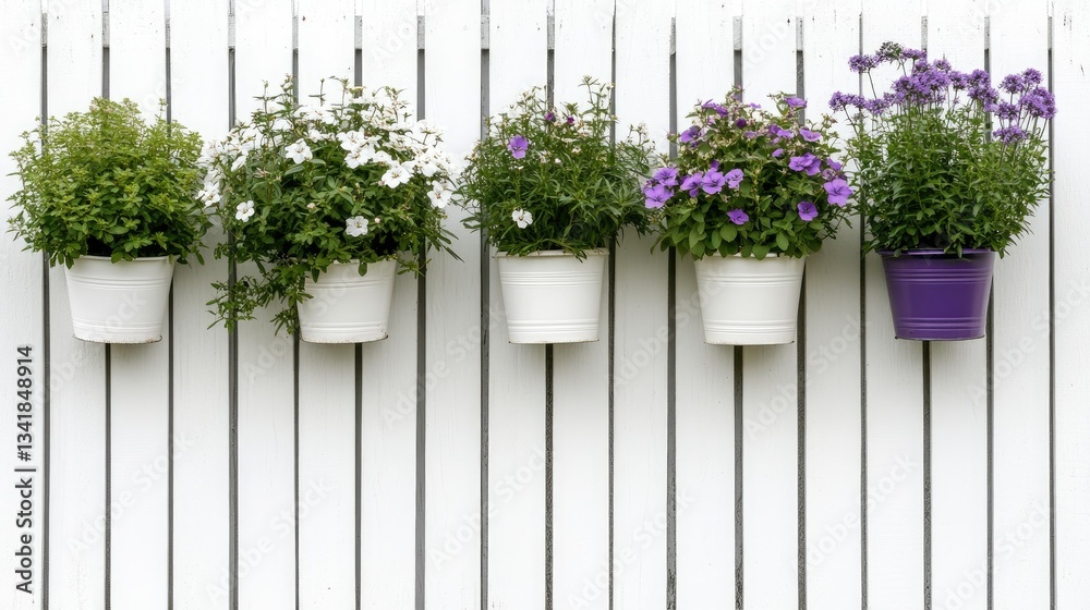 Fototapeta premium Colorful floral pots arranged against a white wooden fence in a charming outdoor space showcasing home gardening aesthetics