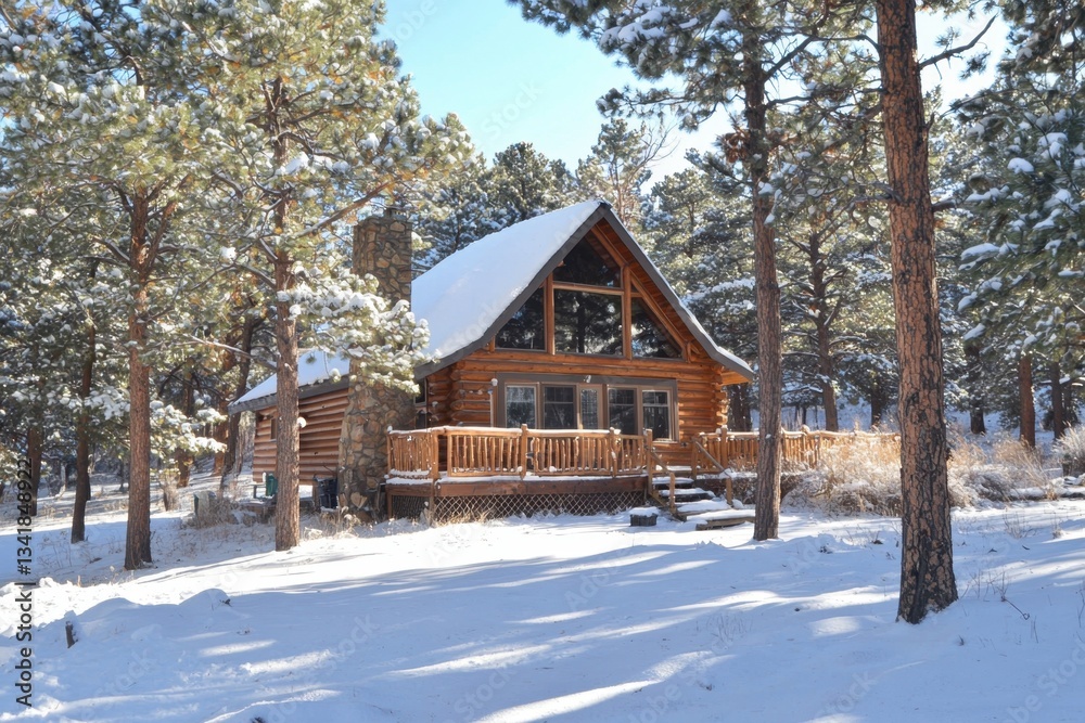 Cozy log cabin nestled in snowy forest. Large windows overlook pristine winter landscape. Wooden deck and steps leading to the front door. Sunlight streams through trees. Cozy log cabin nestled in snowy forest. Large windows overlook pristine winter landscape. Wooden deck and steps leading to the front door. Sunlight streams through trees.