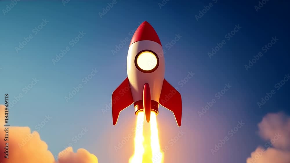 3D rocket emoji launching with bright flames and smoke