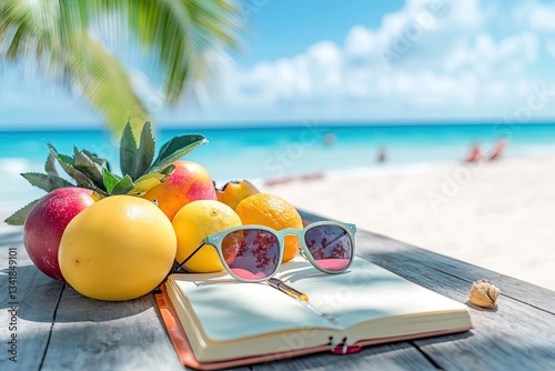 Fresh fruit sunglasses and a travel journal on a wooden table by the beach