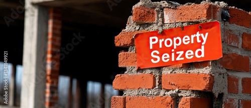 Property seized sign on crumbling brick wall, highlighting urban decay and abandonment, evoking sense of loss and neglect