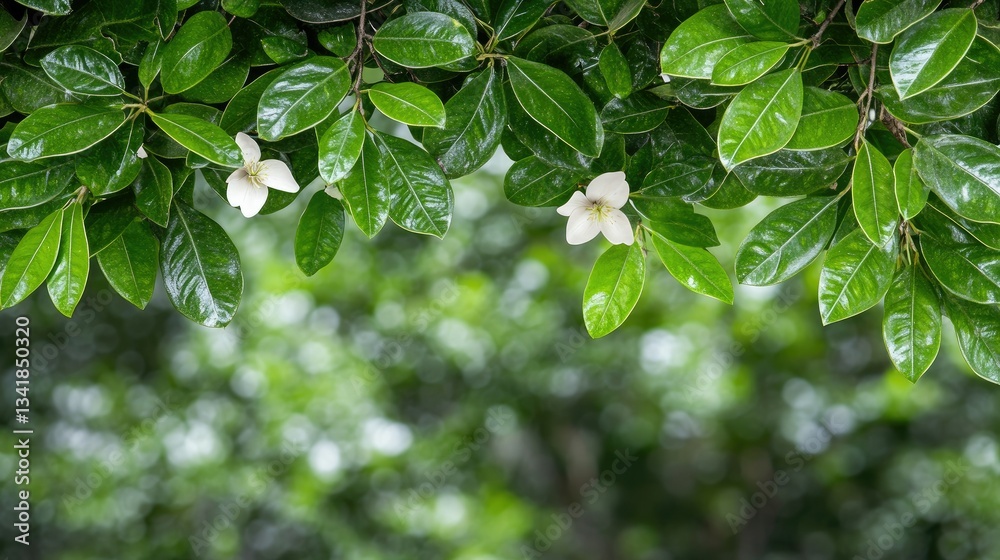 Green foliage with delicate white flowers under natural light in a serene garden setting Green foliage with delicate white flowers under natural light in a serene garden setting