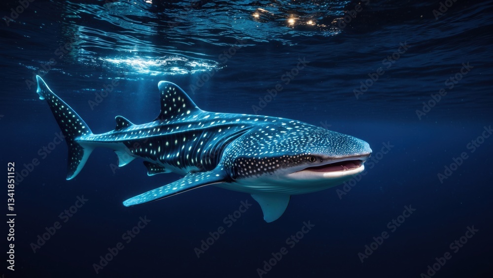 Naklejka premium A majestic whale shark gracefully swimming in deep blue ocean waters, creating a serene underwater atmosphere