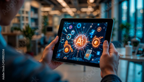 Person using a tablet with an AR application in a bright workspace
