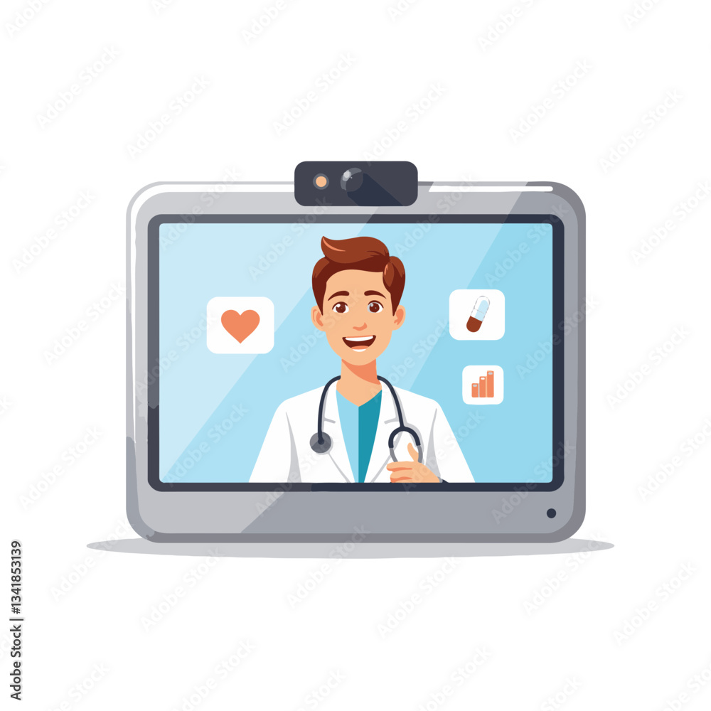 Friendly doctor character on telemedicine device, healthcare support Friendly doctor character on telemedicine device, healthcare support