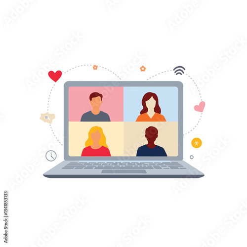 Virtual meeting participants on a laptop screen, digital connection