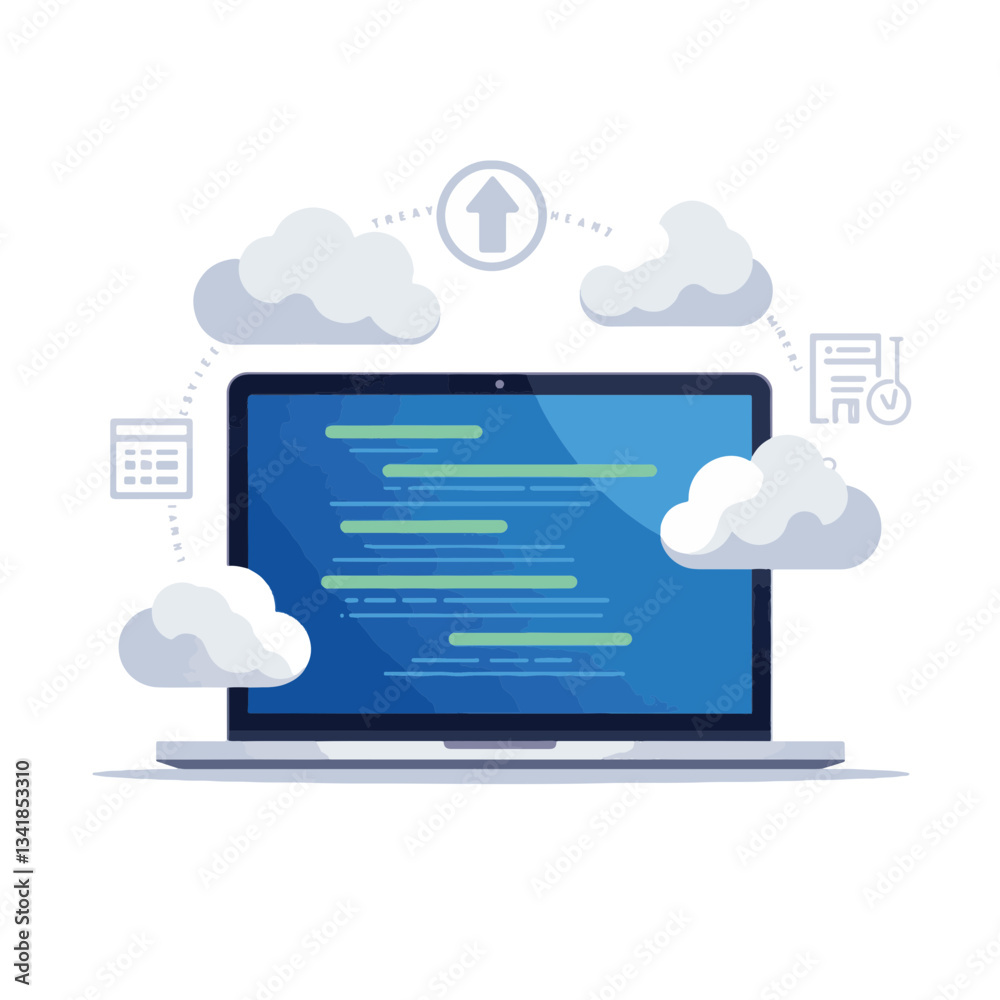 Modern laptop displaying code with cloud icons, digital connection