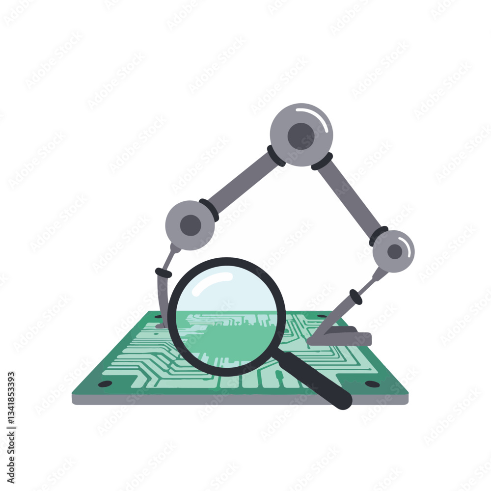 Robotic arm inspecting circuit board with magnifying glass, technology insight Robotic arm inspecting circuit board with magnifying glass, technology insight