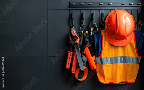 Safety gear including hard hat, high visibility vest, and tools hanging on wall, showcasing essential work equipment