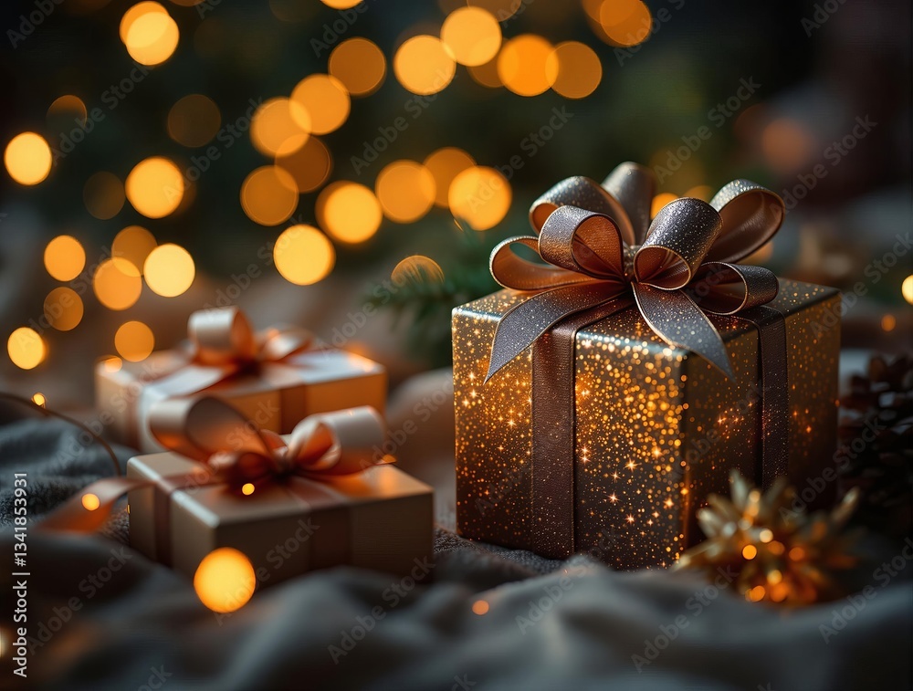A festive scene featuring three golden gift boxes adorned with bows and ribbons, set against a backdrop of a bokeh of warm, golden lights. The boxes are placed on a cloth, and the background is slight