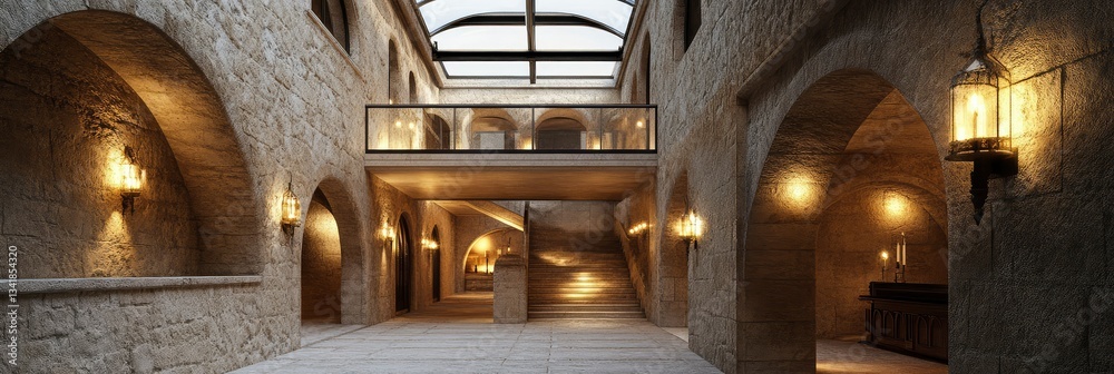 Obraz premium Luxurious Stone Courtyard Interior with Archways and Skylight
