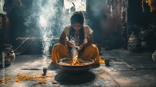 Woman Performing Spiritual Ritual with Fire and Incense in a Dimly Lit Temple Setting