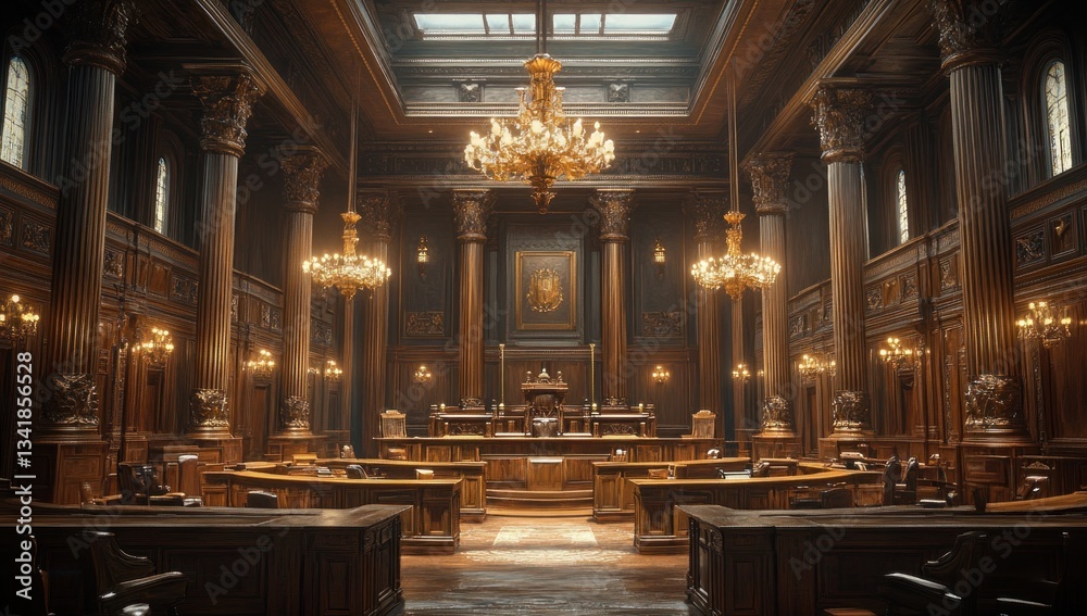 Fototapeta premium inside opulent courtroom majestic chandeliers illuminate intricate woodwork and towering columns creating a solemn space