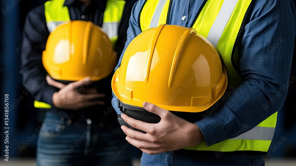 Construction workers prepare for safety protocols in a large industrial site during the daytime Construction workers prepare for safety protocols in a large industrial site during the daytime