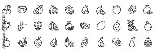 Fruits web line icons. Vegetables and berries. Editable stroke. Vector illustration