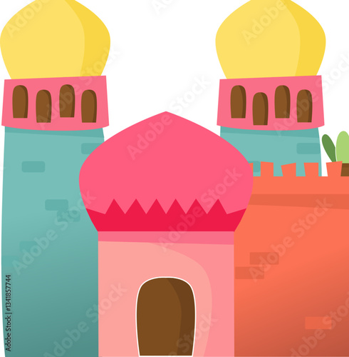 A vector illustration of Islamic architecture featuring colorful domes, towers, and traditional elements in a modern flat design style. Perfect for Ramadan, Eid celebrations, Islamic-themed projects.