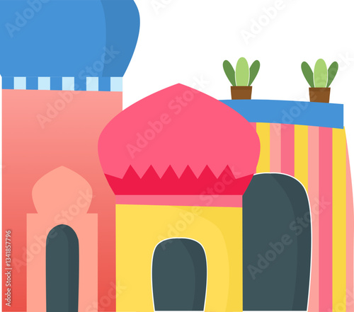 A vector illustration of colorful Arabic architecture featuring domes, arches, and vibrant patterns in a modern flat design style. Perfect for Ramadan, Eid, Islamic-themed projects.