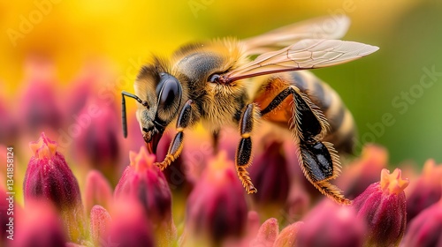 close up of bee on the flower, bee on flower in the nature
