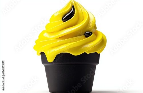 A delicious yellow soft serve ice cream topped with a rich chocolate drizzle, presented in a sleek black cup, perfect for summer treats and dessert lovers.