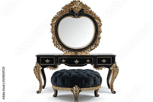 Gold-framed mirror a plush ottoman and a black lacquer dresser are shown isolated on a white