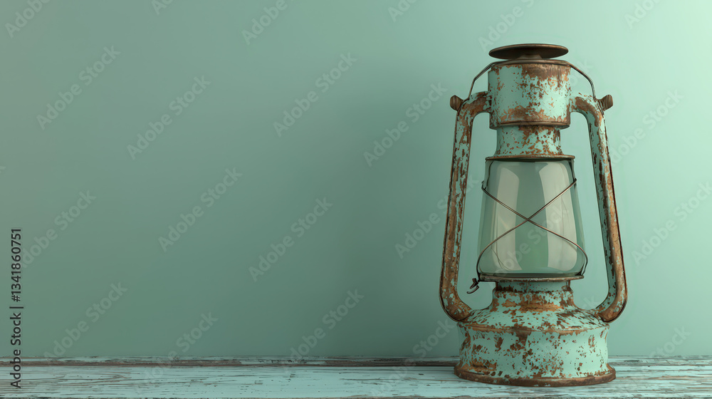 Fototapeta premium Antique rusty oil lamp on weathered wooden surface against a mint green wall.