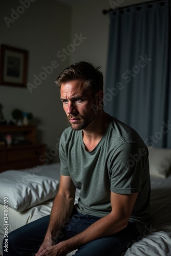 A man sits on the edge of his bed, tears streaming down his face as he recalls the harsh words and threats from his partner