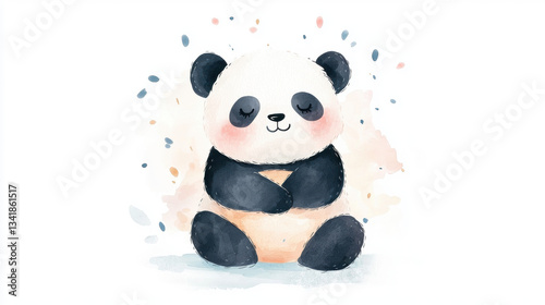 cute panda sitting peacefully, surrounded by soft watercolor splashes, exuding calm and serene vibe. This adorable illustration captures essence of tranquility and joy