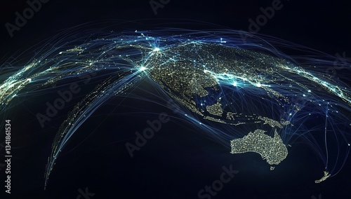 Global air travel routes, world map, night view, network